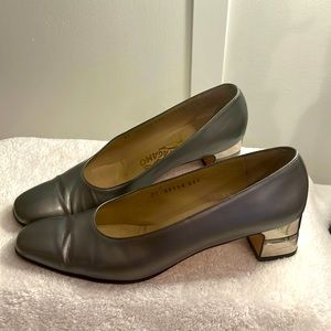 Salvatore Ferragamo silver leather with chrome/silver block heel pump. Sz 6 1/2